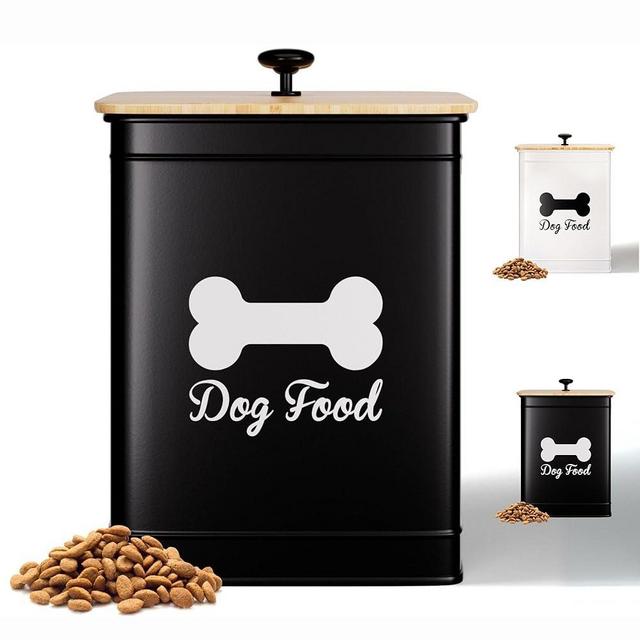 Dog Food Container Airtight 5-10 lb (25 Cup) Capacity - Cute Airtight Dog Food Storage Container with Bamboo Lid & Sturdy Metal Handle - Black Metal Kibble Storage Bin for Dogs up to 50 lbs - Pet Jar