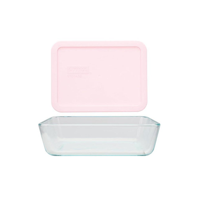 Pyrex (1 7210 3-Cup Clear Glass Rectangular Dish with (1) 7210-PC 3-Cup Loring Pink BPA-Free Plastic Lid - Made in the USA