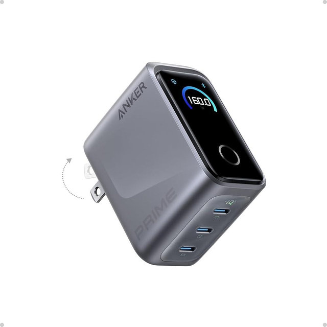 Anker Prime Charger, 160W 3-Port Compact USB C GaN Charger Block, Smart Display and Touch Control, 140W Max Charging via Any Single Port, for MacBook, Laptop, iPhone 17/16/15 Series, iPad(Non-Battery)