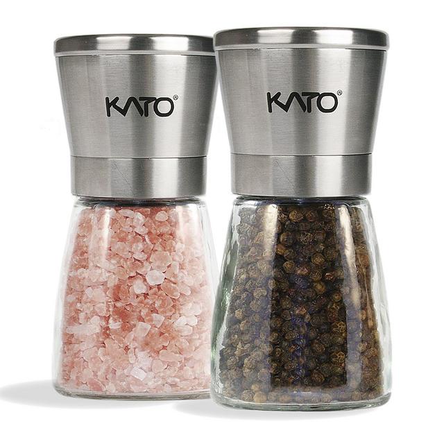 Kato Manual Salt and Pepper Grinder Set, Stainless Steel Top & Glass Body Ceramic Pepper Mills for Himalayan Salt, Pepper and Spices, 2 Pack