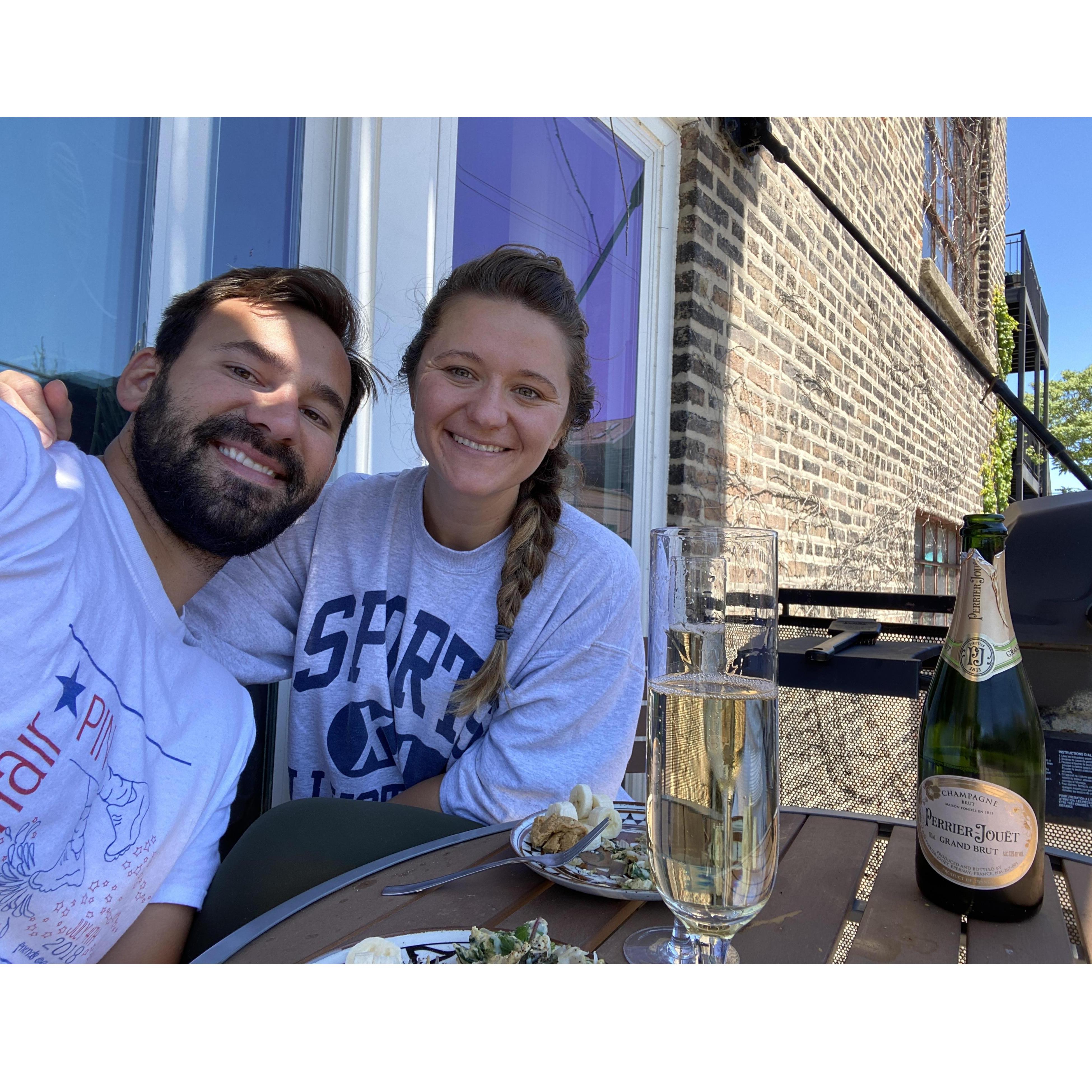 Celebrating our engagement...and J's move to Chicago on with a balcony brunch!