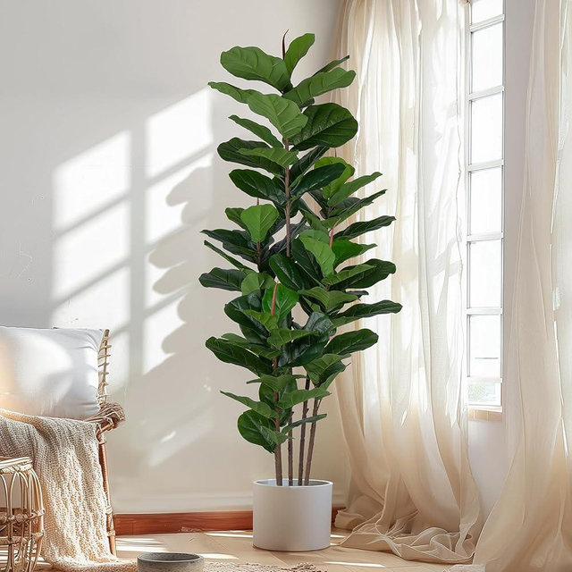 Yepdin Faux Fiddle Leaf Fig Tree 6 FT - Artificial Ficus Tree with Tall Artificial Plants 69 Fiddle Leaves Greenery - Lifelike Fake Tree for Home Decor Living Room Indoor Outdoor