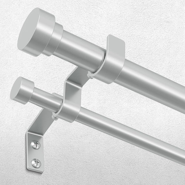 Double Curtain Rod, 1 Inch Silver Extra Long Dual Curtain Rods 72 to 144 Inch with Aluminium Modern End Cap Finial, Adjustable Heavy Duty Window Treatment Rod, Telescopic Metal Double Drapery Pole Set