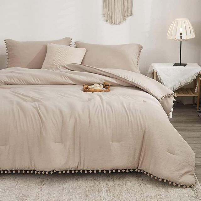 Taupe Comforter Set Solid Color Boho Comforter Ball Fringe Design Tan Grey Boho Duvet Sets King 1 Comforter 2 Pillowcases (King, Taupe)