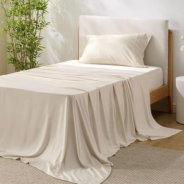 Bedsure Twin XL Sheet Set Dorm Bedding, Cooling Twin Extra Long Sheets, Rayon Derived from Bamboo, Deep Pocket Up to 16 Inches, Hotel Luxury Silky Bedding, Bedsheets & Pillowcases, Light Beige