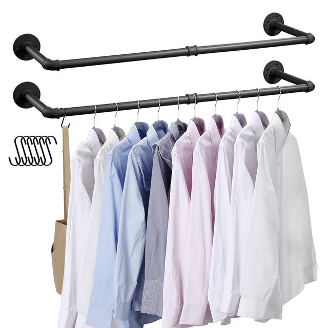 Boshangjia Industrial Pipe Clothes Rack Wall Mounted Clothing Rack Set of 2,38.2 Inches Heavy Duty Iron Garment Rail,Space-Saving Hanging Rod for Laundry Room,Bedroom,Closet Storage