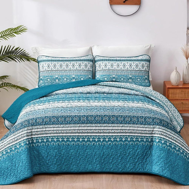 WONGS BEDDING Boho King Quilt Set, Teal and Blue Bohemian Quilt Bedding Set, Lightweight Bed Decor Bedspread for All Season Reversible Microfiber Coverlet Bedding Set 103"x90"(3 Pieces)