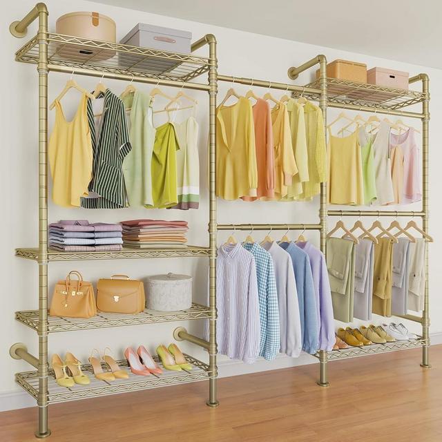 Timate F3 Garment Rack Heavy Duty Clothes Rack for Hanging Clothes, Expandable Industrial Pipe Wall Mounted Clothing Rack, Adjustable Storage Closet Wardrobe Closet Kit Walk in Closet Systems, Gold