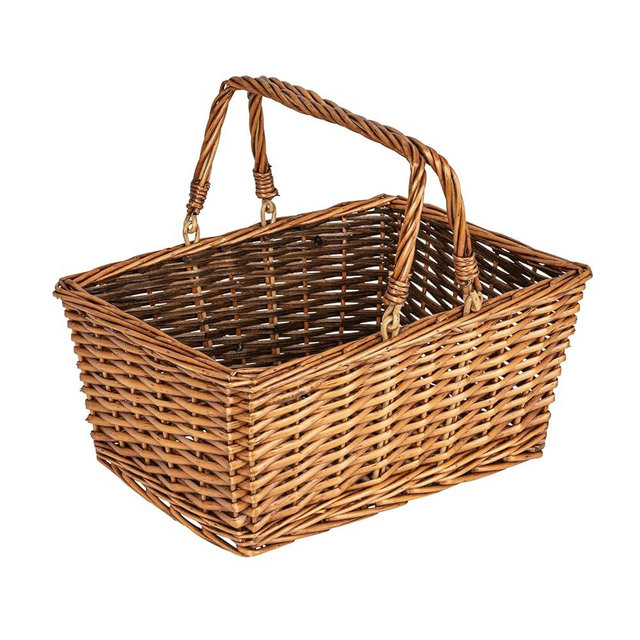 Household Essentials Woven Market Basket, Handwoven Willow Weave, Stylish Handles with Durable Metal Anchors, Classic and Versatile, Attractive, Spacious, Lightweight, Brown Stain