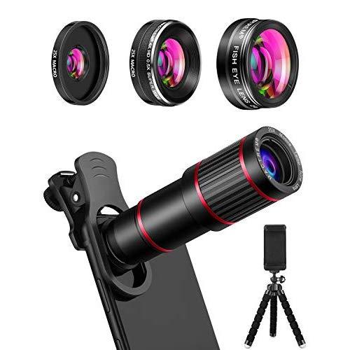 MACTREM Phone Camera Lens Phone Lens Kit 9 in 1, 20X Telephoto Lens, 205° Fisheye Lens, 0.5X Wide Angle Lens & 25X Macro Lens(Screwed Together), Compatible with iPhone 8 7 6 6s Plus X XS XR Samsung
