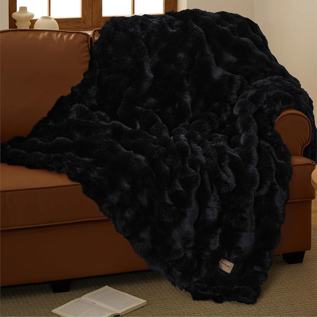 Bedsure GentleSoft Fluffy Faux Fur Blanket Twin Size, Fuzzy Soft Bubble Blanket for Couch, Home Decor Gifts for Bedroom Living Room, Thick Furry Cozy Gifts for Women, Black, 60x80 Inch