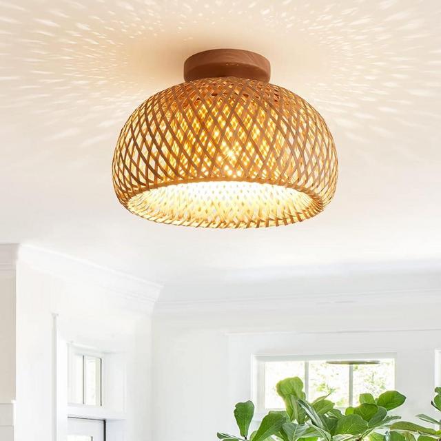 BUXVRCS Bamboo Ceiling Light Fixtures, Handmade Boho Light Fixtures Ceiling, Woven Rattan Light Fixtures Ceiling Mount, Farmhouse Light Fixture for Bedroom Hallway Kitchen Nursery Entryway