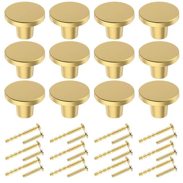 BIGLUFU 25mm/1 inch Drawer Knob Brass, 12pc Gold Kitchen Cabinet Knobs, Round Dresser Knobs Drawer Pulls, Door Knobs Dresser Drawer Handles Knobs for Dresser Drawers（Gold 12-Pack）