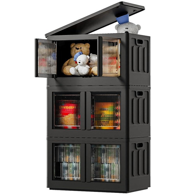 FLEXIMOUNTS 19 Gal Collapsible Plastic Storage Bins, 3-Pack Stackable Storage Bins, Black Cube Storage Organizer, Closet Organizers and Storage with Doors, Folding Toy Storage Box