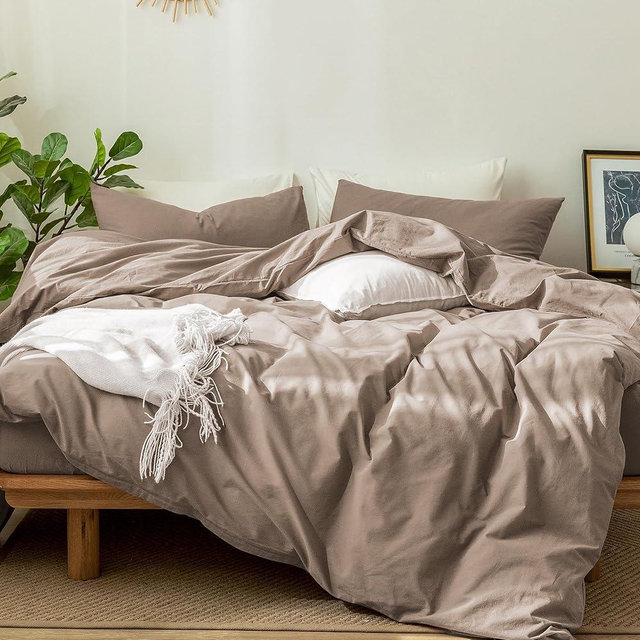 MooMee Bedding Duvet Cover Set 100% Washed Cotton Linen Like Textured Breathable Durable Soft Comfy (Brown, Cal King)