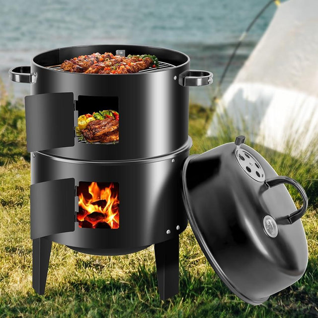 OURCAMP 17-Inch Vertical 17-Inch 3-in-1 Charcoal BBQ Smoker, Heavy-Duty Portable Outdoor Grill with Built-in Thermometer, Dual Air Vents, and Multi-Level Cooking for Camping & Backyard Parties