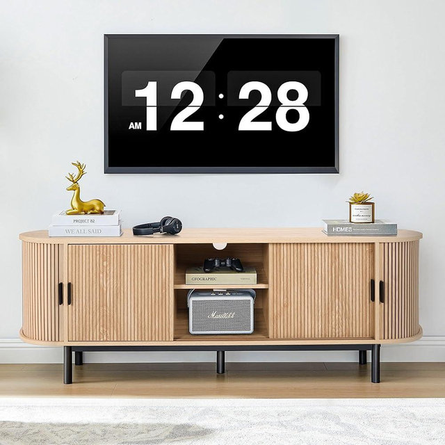 Janmer Home 63" Fluted TV Stand for 65/70 Inch TV, Mid Century Modern TV Console with Sliding Doors, Curved Gaming Entertainment Center, Media Console for Living Room, Bedroom (Natural, 63inch-4doors)