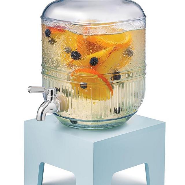 Beverage Dispenser 1 Gallon, Glass Drink Dispenser with Wooden Base Stand, Wide Mouth Jar for Lemonade, Iced Tea, Infused Water, Vintage Kitchen Decor - Blue