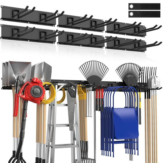 Housolution Heavy Duty Garage Wall Organizer 96 Inch - 20Pack Carries 720 lbs, Garage Tool Storage System, 6 Rails with 12 Adjustable Metal Hooks, Garden Yard Shed Rack for Rake Broom Mop Snowboard