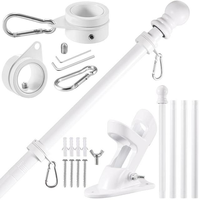BONWIN White Flag Pole Kit for House, 5FT Thickened Stainless Steel Outside Wall Mount Flagpole for 3x5' Flag, 1" Tangle Free Rotating Flag Pole Rings & 2-Position Bracket Holder for Porch Residential