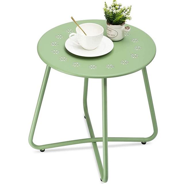 danpinera Outdoor Side Tables with Flower Cut Outs, Weather Resistant Steel Patio Side Table, Small Round Outdoor End Table Metal Side Table for Patio Yard Balcony Garden Green