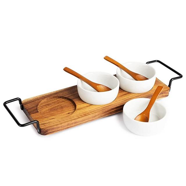 Acacia Wood Serving Tray with 3 Ceramic Bowls & 3 Wooden Spoons - Relish Tray with Stainless Steel Handles & Non-Scratch Rubber Feet Serves as Chip and Dip Serving Set for Sauces, Dips & Much More