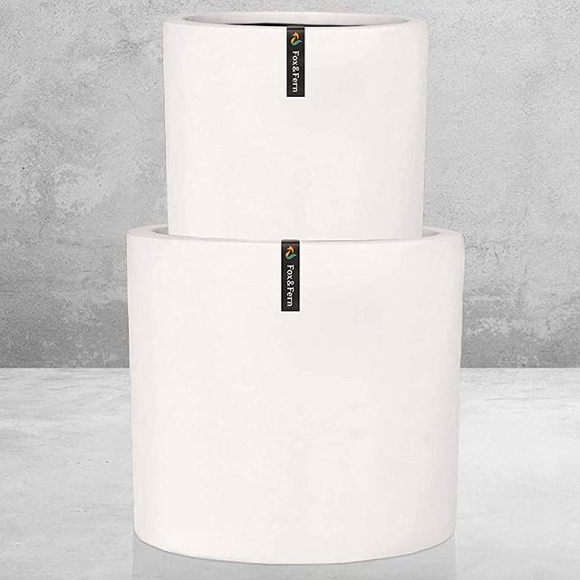 Set of 2 Large Plant Pots by Fox & Fern - 12" and 15" - Perfectly Fit Mid-Century Modern Plant Stand - Drainage Plug - Matte White