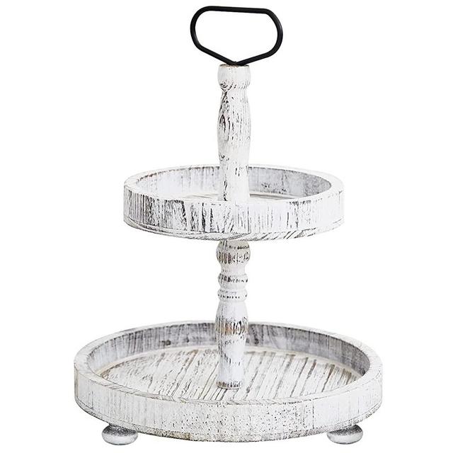 Tiered Tray Tiered Serving Tray 2 Tier Tray Cake Tray Farmhouse Tiered Tray Wooden Tray with Handles Cake Stand for Home Decor (White)