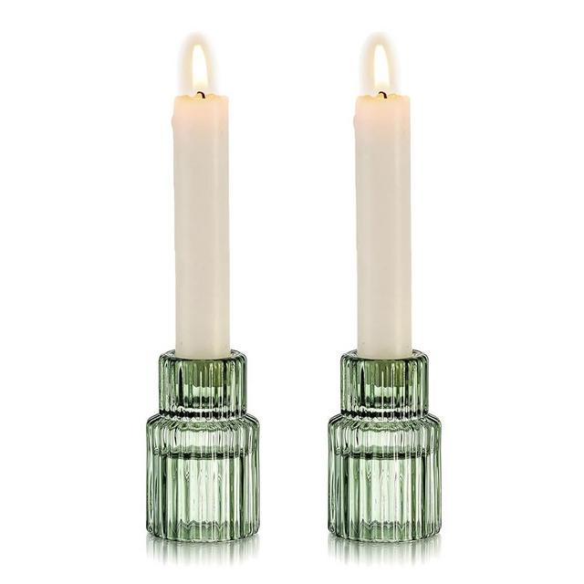 Hewory Glass Taper Candle Holders: 2PCS Green Vintage Candle Holder Candlestick Holders Bulk, Ribbed Glass Candle Holder Candle Sticks Holder Decor for Table Centerpiece Wedding Christmas Home Decor