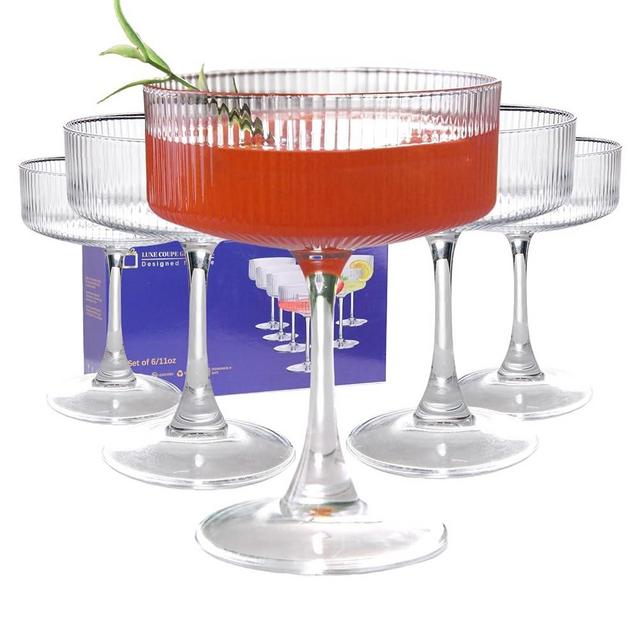 KMIGRUAN 11oz Large Vintage Coupe Glasses Set of 6,Ribbed Cocktail Glasses,Classic Espresso Martini Glasses,Margarita and Champagne Glasses for Bar,Wine,Dessert,Cocktail Glassware Gift Set