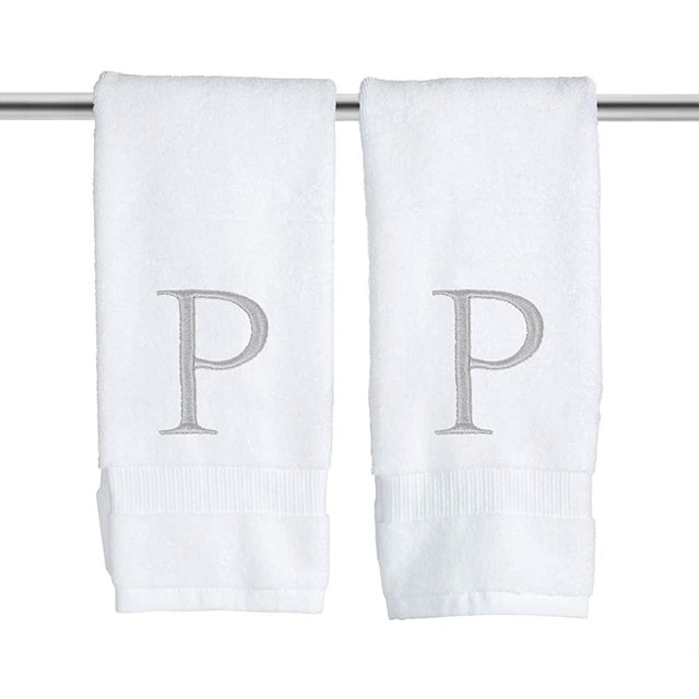 Monogrammed Hand Towels for Bathroom - Luxury Hotel Quality Personalized Initial Decorative Embroidered Bath Towel for Powder Room, Spa - GOTS Organic Certified - Set of 2 Letter P