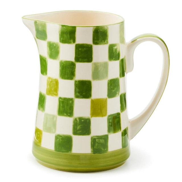 MACKENZIE-CHILDS Stoneware Pitcher with Spout, Decorative Drink Pitcher, 1.75 Quarts, Green Check