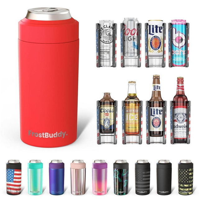 Frost Buddy Universal Buddy Can Cooler - Fits All - For Regular 12 & 16 oz or Slim-Size Bottles - Insulated Double-Walled Stainless Steel (Red)