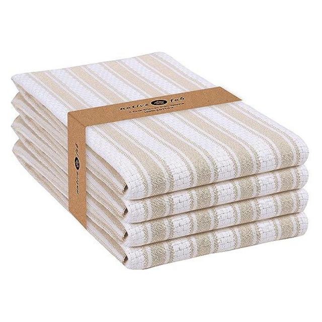 Native Fab 4 Pack Farmhouse Basket Weave Stripe Kitchen Dish Towels Cotton Super Absorbent Quick Drying Reusable 15x25 Inches - Bar Hand Towels, Kitchen Cleaning Towels with Hanging Loop, Beige White