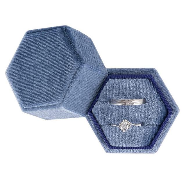 Smileshe Ring Box, Velvet Jewelry Boxes for Proposal Engagement Wedding Ceremony, Hexagon Mini Double Ring Slot Bearer Case with Detachable Lid