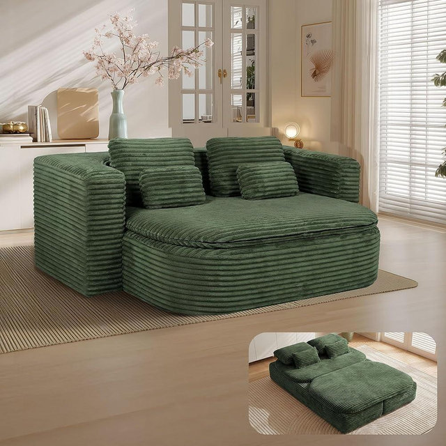 IZLKQC 75'' Folding Sleeper Sofa Bed, Convertible Memory Foam Boneless Couch, Foldable Full Size Guest Bed, Modern 2-in-1 Futon Floor Sleeper Sofa with 4 Pillows and Blanket (Corduroy, Green)