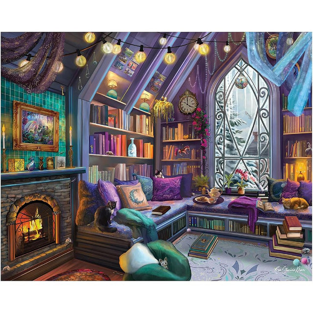 White Mountain 1000 Piece Jigsaw Puzzle Cozy Library Corner Puzzles with Large Pieces for Adults and Family 24"x30" - Book Nook