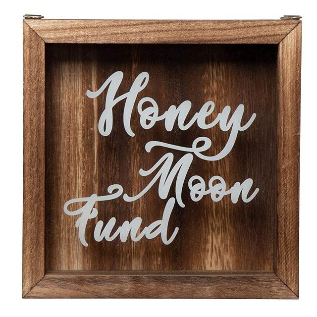 Genie Crafts Shadow Box Bank - Wooden Honeymoon Fund Shadow Box, Adult Piggy Bank, Money Saving Bank, for Travel Vacation Honeymoon Wedding Fund, Natural Wood, 7.1 x 7.1 x 1.8 Inches