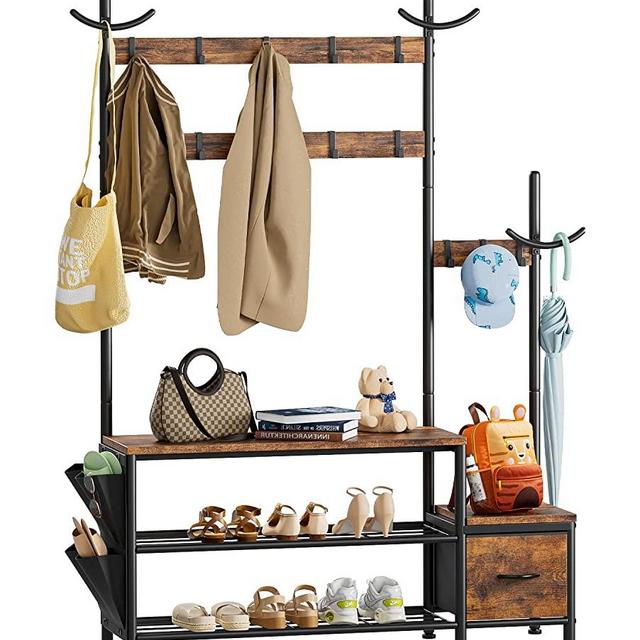 Lulive Hall Tree with Bench and Shoe Storage, Parent-Child Coat Rack Shoe Bench Storage Shelf Organizer, 4 Side Pockets & 13 Hooks, 4-in-1 Industrial Entryway Bench with Coat Rack, Rustic Brown