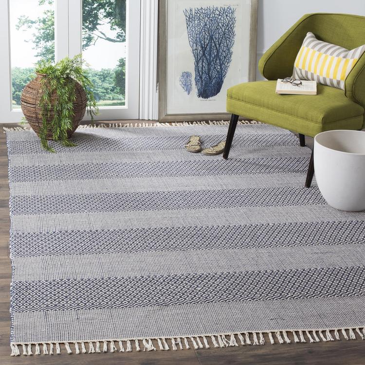 Handmade Woven Cotton Bedroom Rug Blue Striped Runner 3x5 