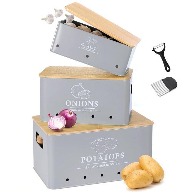 Dekosilave Kitchen Vegetable Storage Set of 3, Metal Onion Garlic Potato Storage Set, Kitchen Canisters Vegetable Keeper Containers with Aerating Holes and Wooden Lid (Grey)