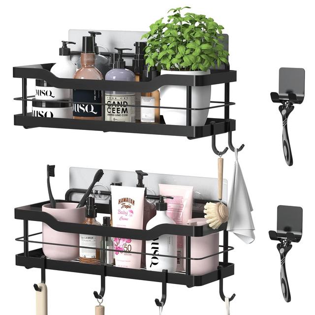Carwiner Shower Caddy Bathroom Shelf 2-Pack, Basket with 8 Hooks for Hanging Shampoo Conditioner, SUS304 Stainless Steel Rack Wall Mounted Storage Organizer for Kitchen, No Drilling (Black)