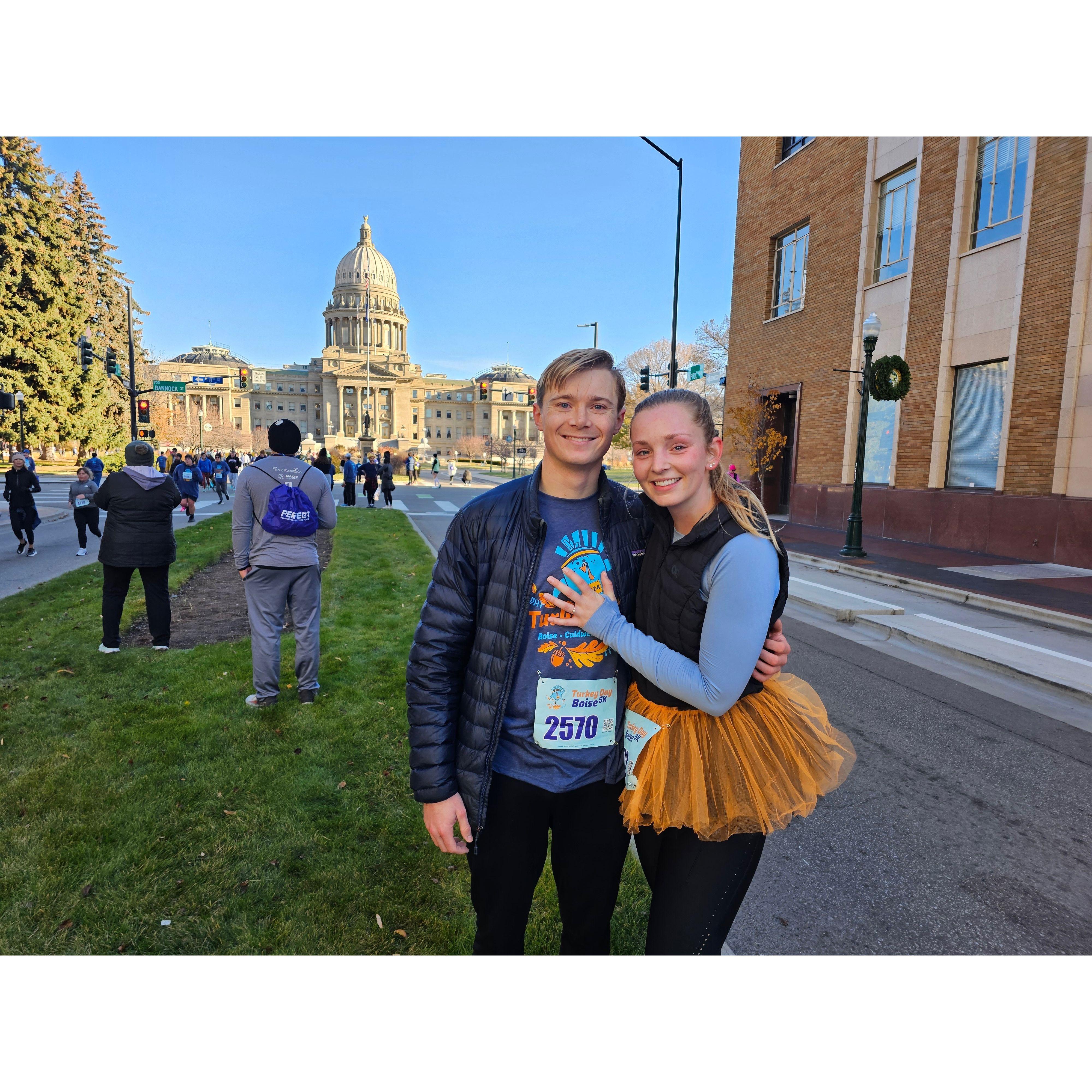 Nov 2024. Engaged at the annual Turkey Day 5K in Boise!