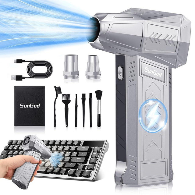 Compressed Air Duster - 180000RPM Electric Cleaner Kit with 3 Gear Adjustable, Replace Canned Air, Mini Rechargeable Cordless Air Blower for Keyboard, PC, Car Cleaning, Gifts for Men (Silver Gray)