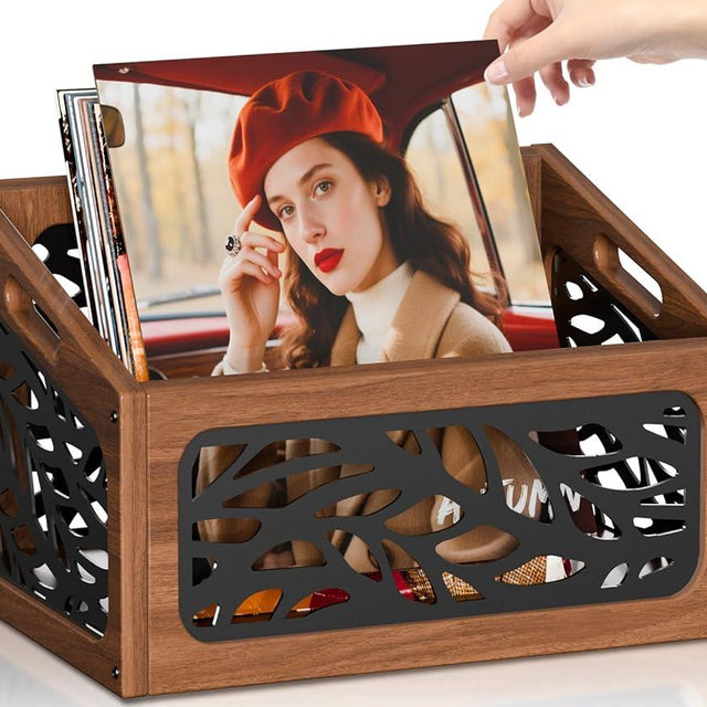 QILICHZ Vinyl Record Storage,70+ Lps Vinyl Record Holder,Wood Record Storage Crate,Wooden Crate,Rustic Album Storage for Vinyls Records,Magazine File Holder Rack for Home Office,Brown + Black