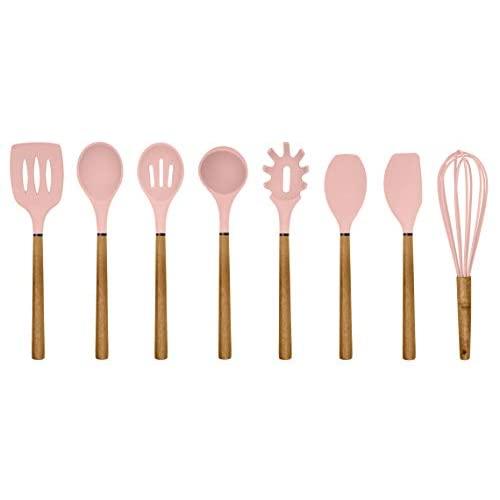 Country Kitchen Silicone Cooking Utensils, 8 Pc Kitchen Utensil Set, Easy to Clean Wooden Kitchen Utensils, Cooking Utensils for Nonstick Cookware, Kitchen Gadgets and Spatula Set - Pink
