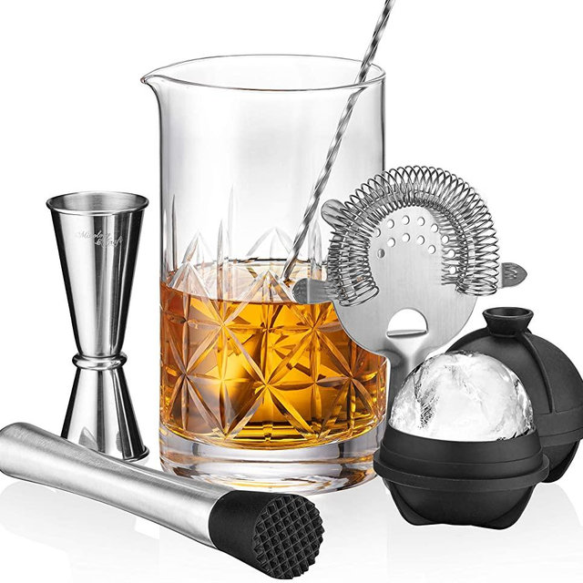 Crystal Cocktail Mixing Glass Set | 7-Piece Mixing Glass Bartender Set with 24oz Cocktail Stirring Glass Beaker, Japanese Jigger, Bar Mixer Spoon, Muddler and Strainer for an Awesome Mixing Experience