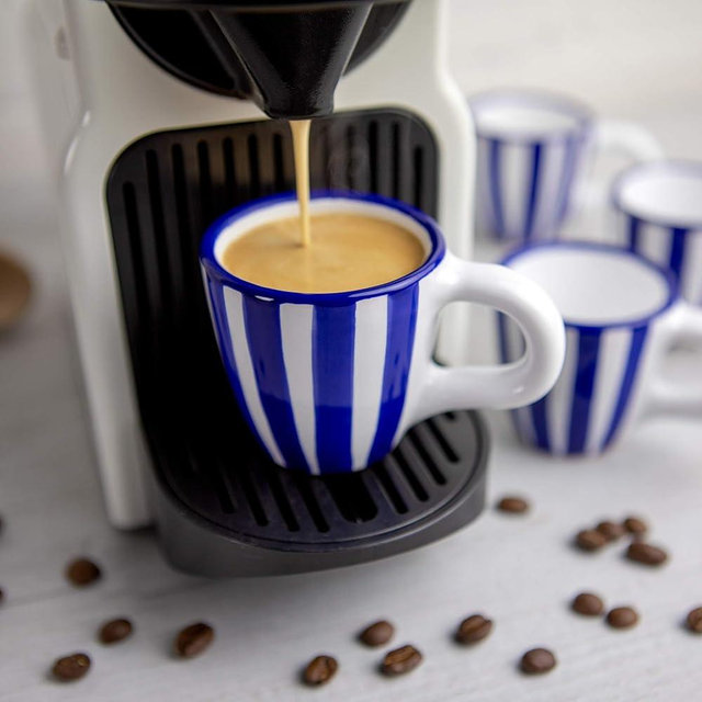 City to Cottage Ceramic Espresso Cups of 4, Small Expresso Shots, Demitasse, Perfect for Espresso Machine, Handcrafted Navy Blue Stripe Coastal Cups