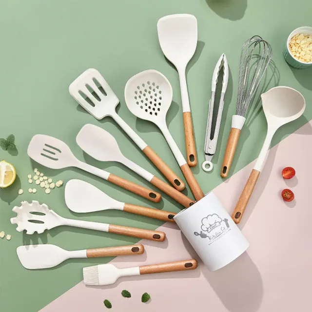 SUGIFT 13pc Silicone Kitchen Utensils Set with Wooden Handles with Storage Busket