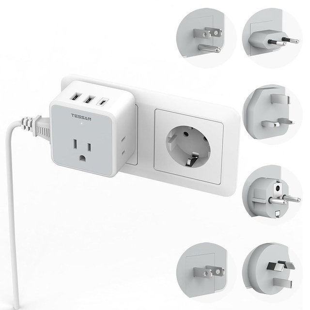 TESSAN Universal Travel Adapter Kit, 6-in-1 International Power Adapter with 3 USB (1 USB C) and 3 AC Outlets, Wordwide Adaptor Supports Type C, G, E/F, I, A, B for US EU UK Australia Japan, Grey